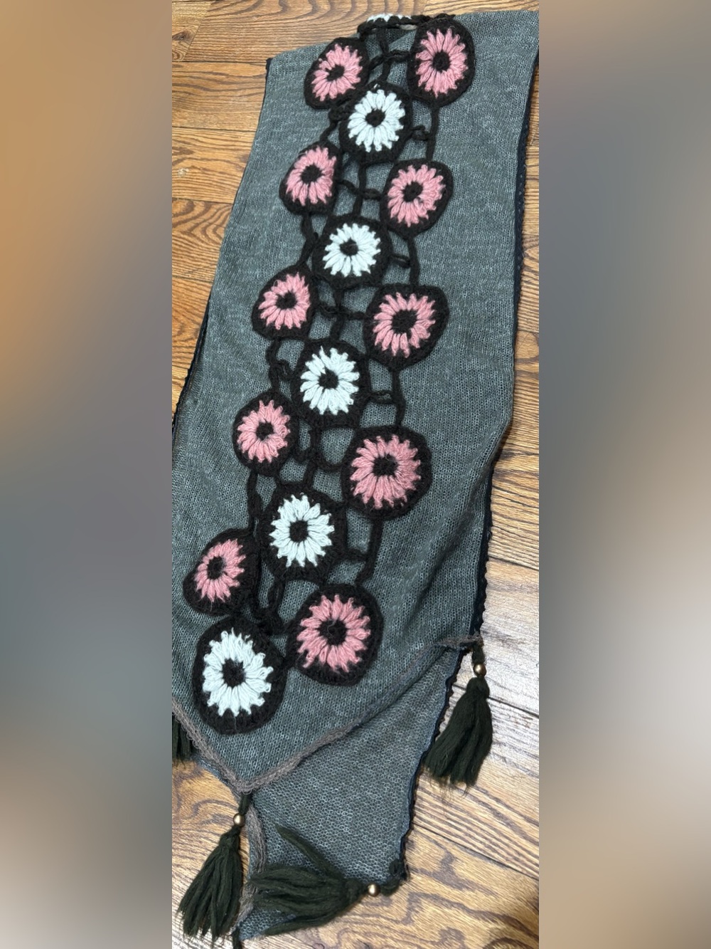 Gray Crochet-Accent Scarf Wrap with Pink and White Floral Motifs